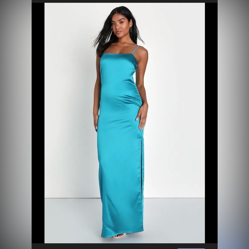 Lulu's Teal Satin Maxi Dress